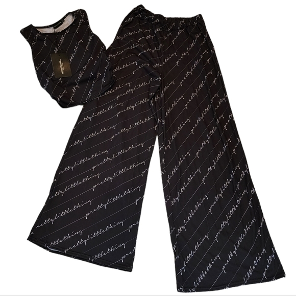 NWT PRETTYLITTLETHING Script Ruched Crop Top And Wide Leg Pj Set Pants - Picture 4 of 17